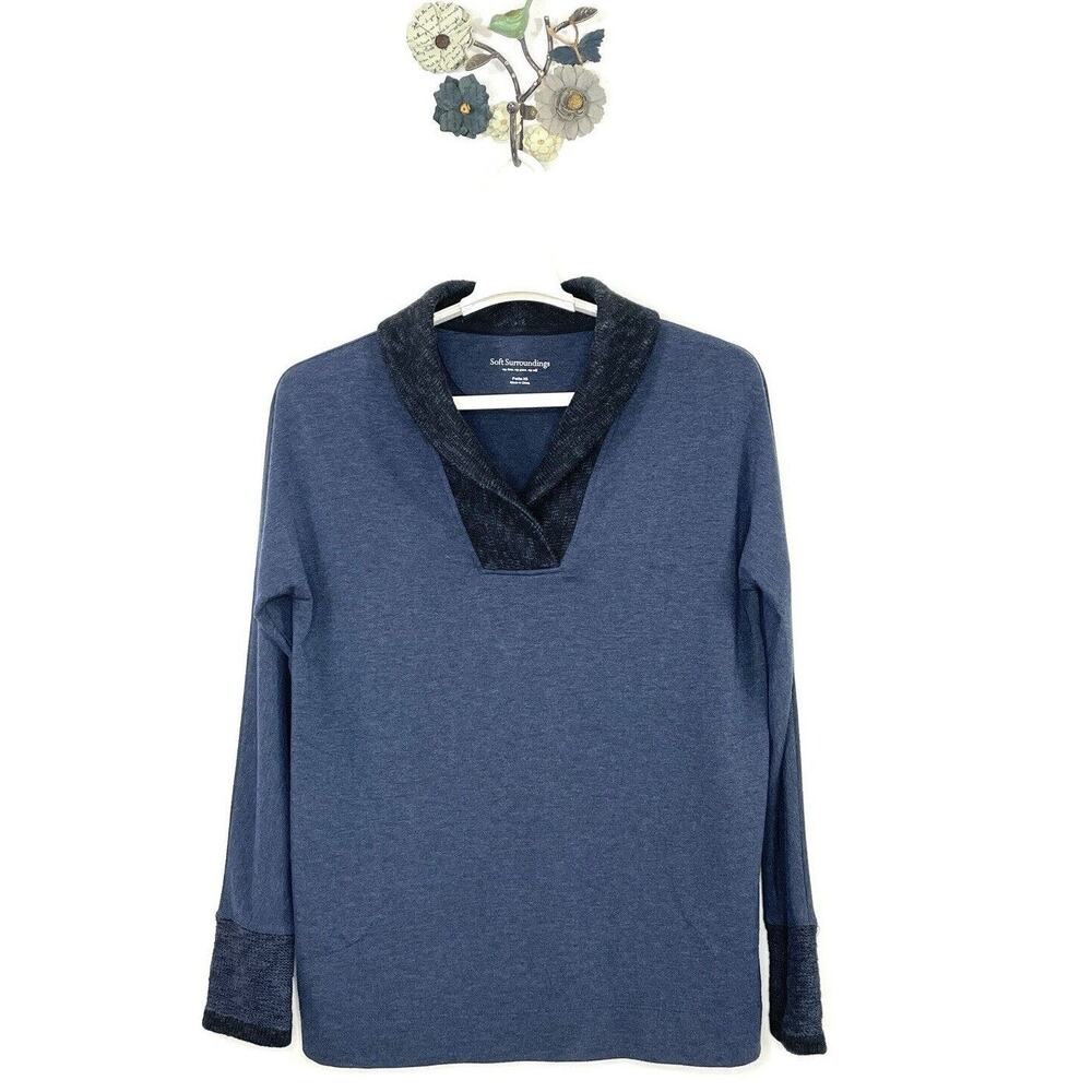 Soft Surroundings Pullover Tunic Top Blue Shawl Collar Knit Cuffs Size Petite XS